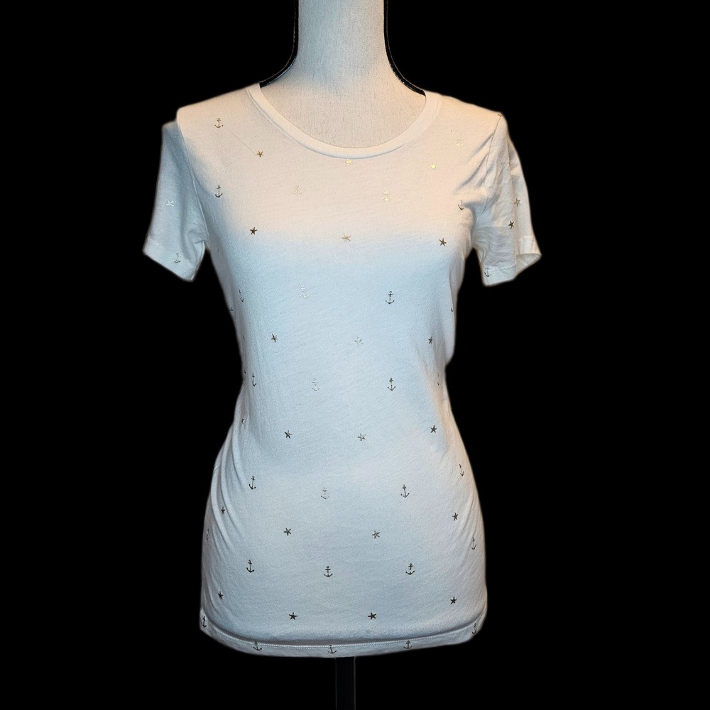 J Crew XS Gold Anchor and Star Print Shortโ Sleeve Crew Neck Collector Tee